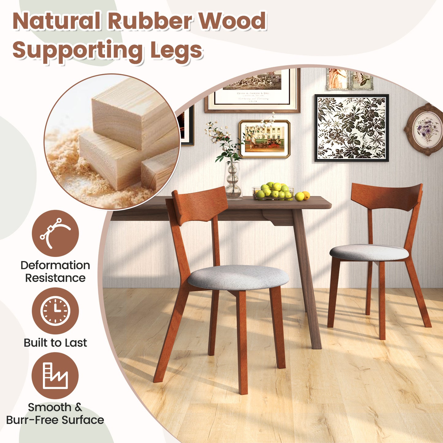 Dining Chairs Set of 2 with Padded Cushion and Rubber Wood Legs