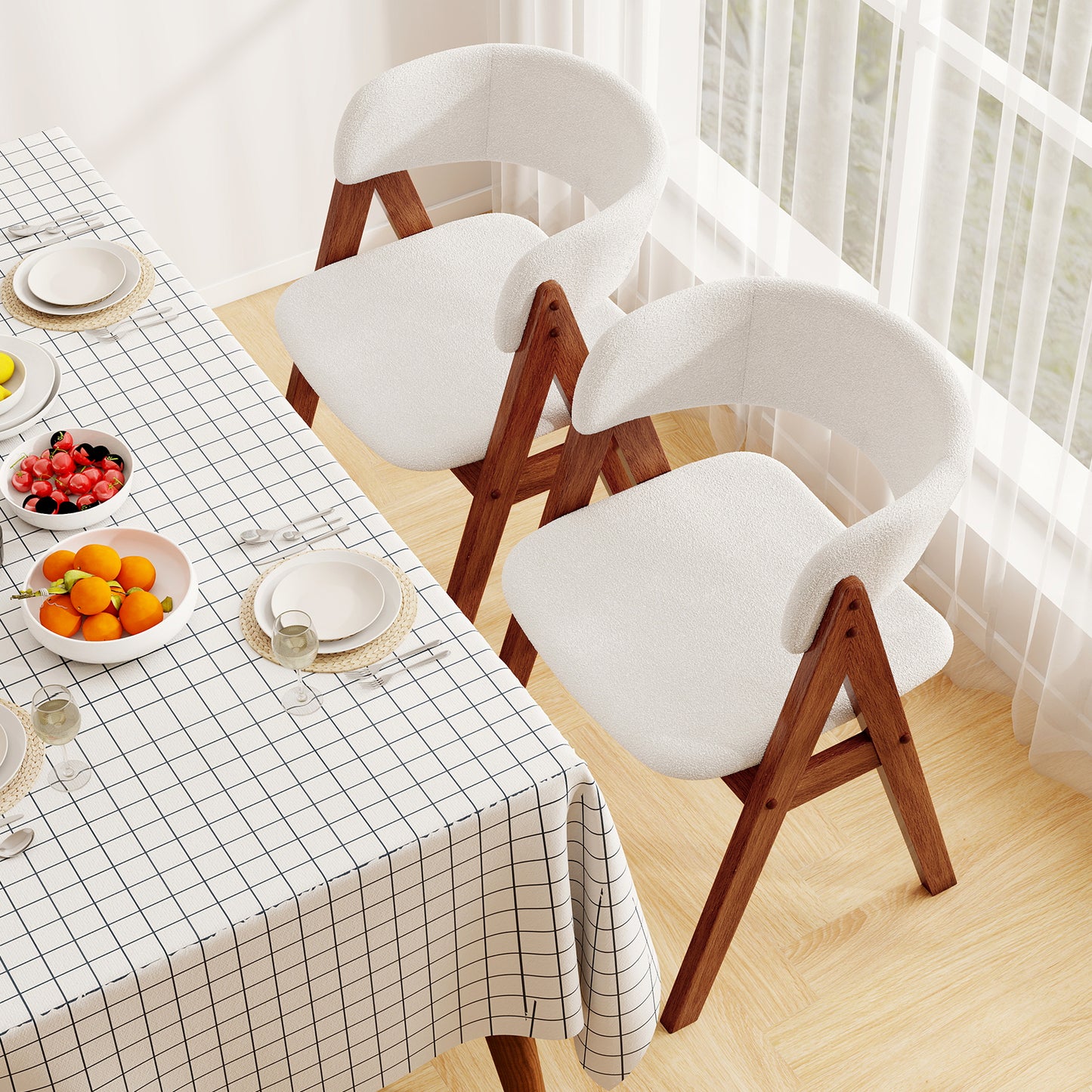 Mid-Century Sherpa Upholstered Dining Chairs Set of 2
