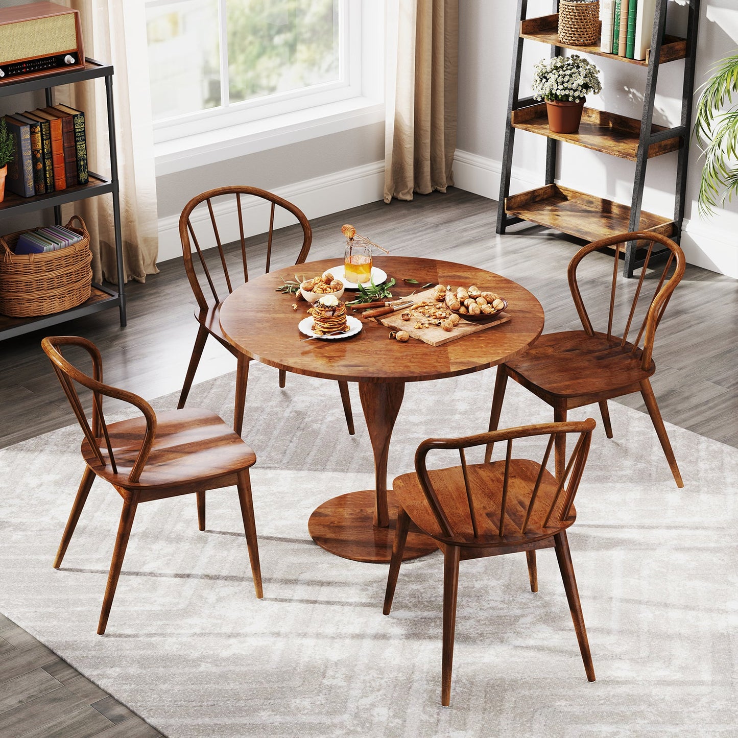 Wooden Dining Chair Set of 2 with High Spindle Back and Wide Seat