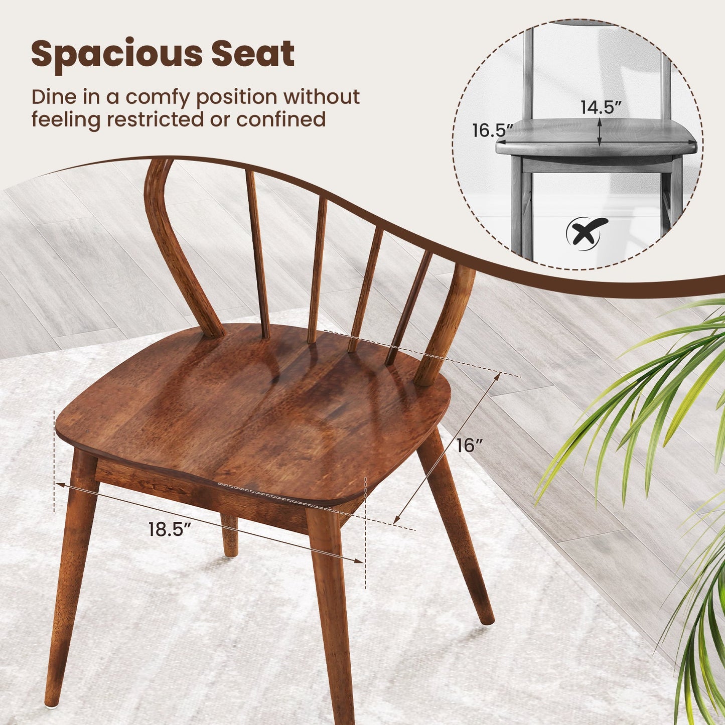 Wooden Dining Chair Set of 2 with High Spindle Back and Wide Seat