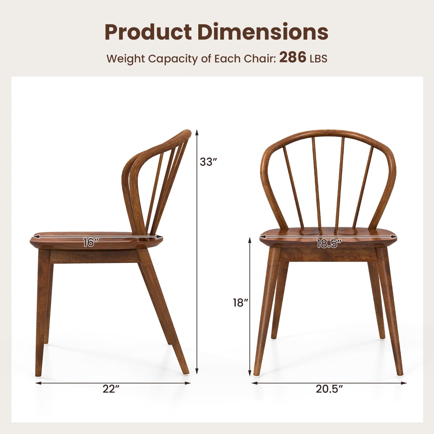 Wooden Dining Chair Set of 2 with High Spindle Back and Wide Seat