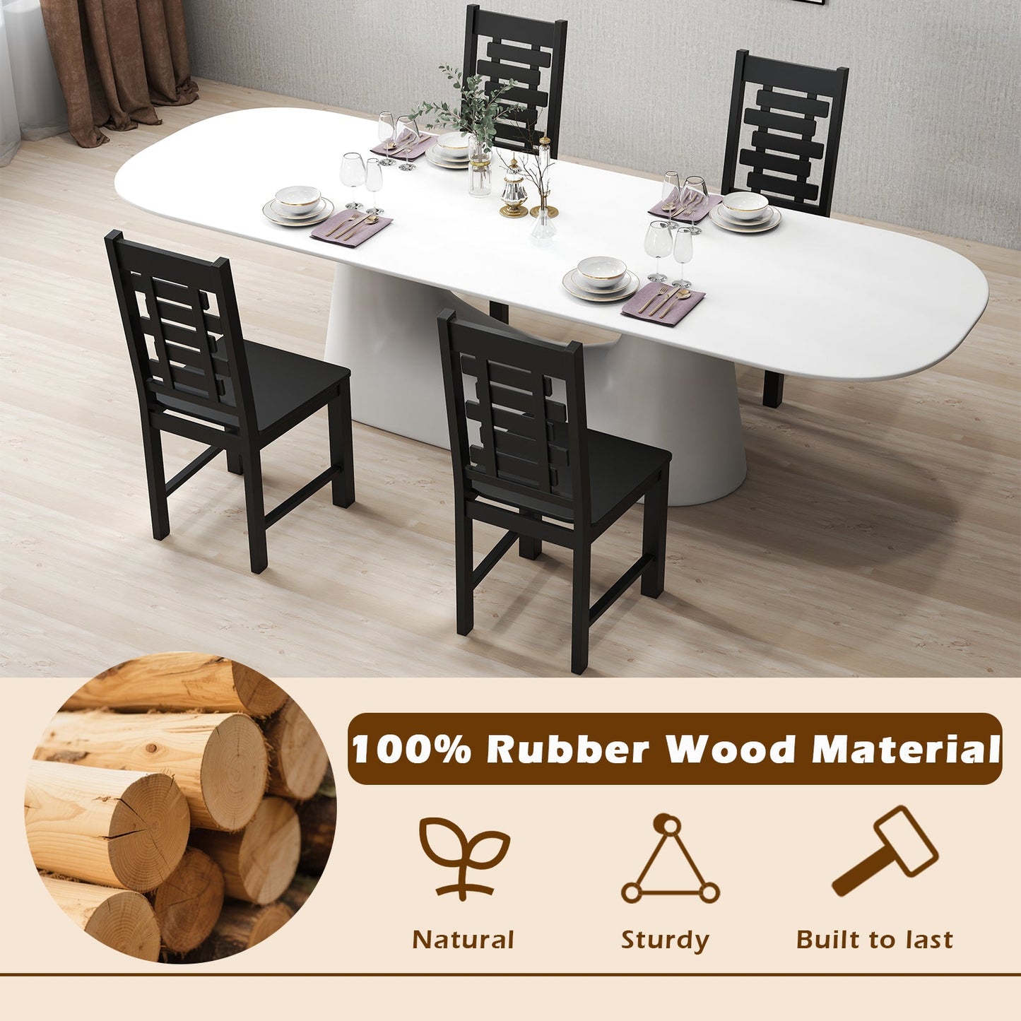Wooden Dining Chair Set of 2 Solid Rubber Wood Kitchen Chairs