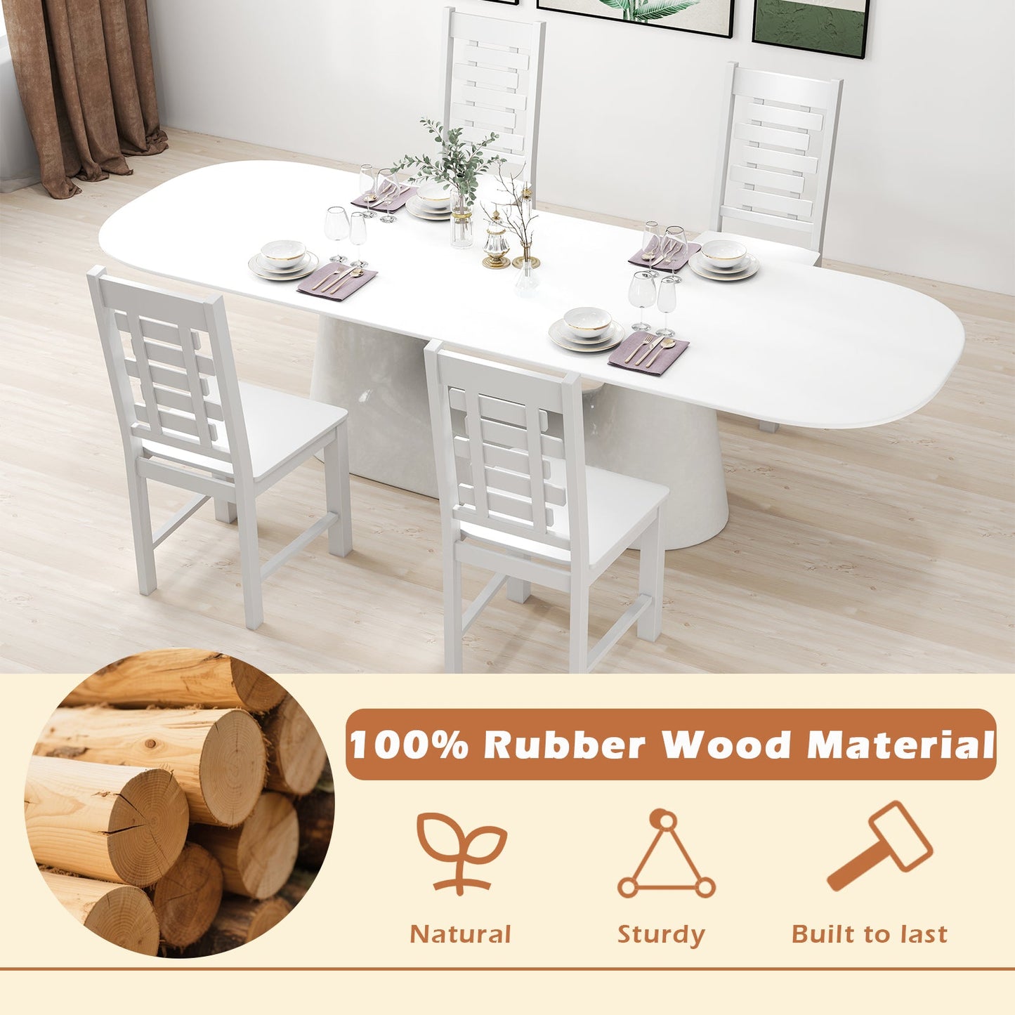 Wooden Dining Chair Set of 2 Solid Rubber Wood Kitchen Chairs