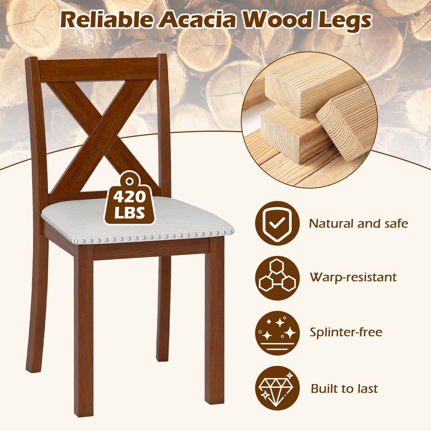 Dining Chairs Set of 2 with Padded Seat and Curved Back