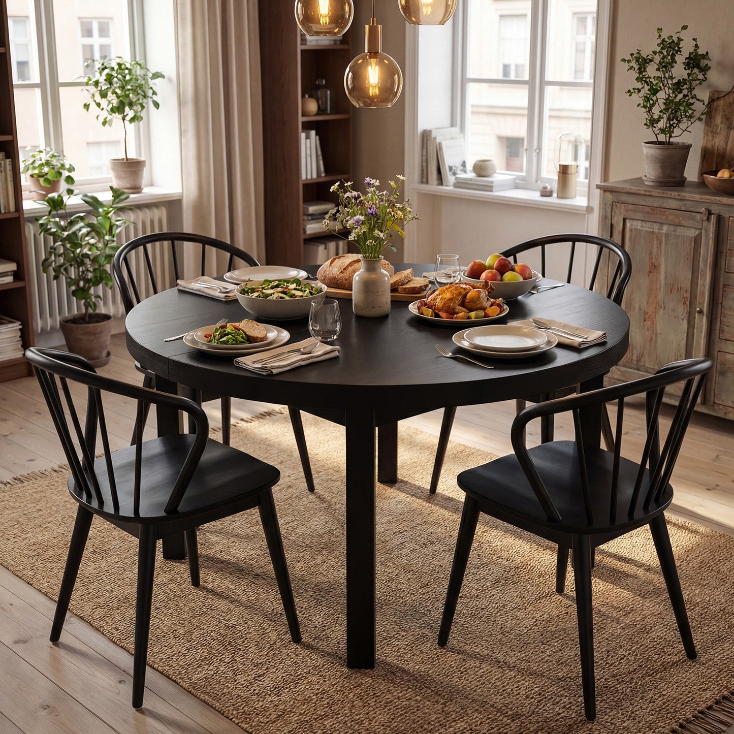 Wooden Dining Chair Set of 2 with High Spindle Back and Wide Seat