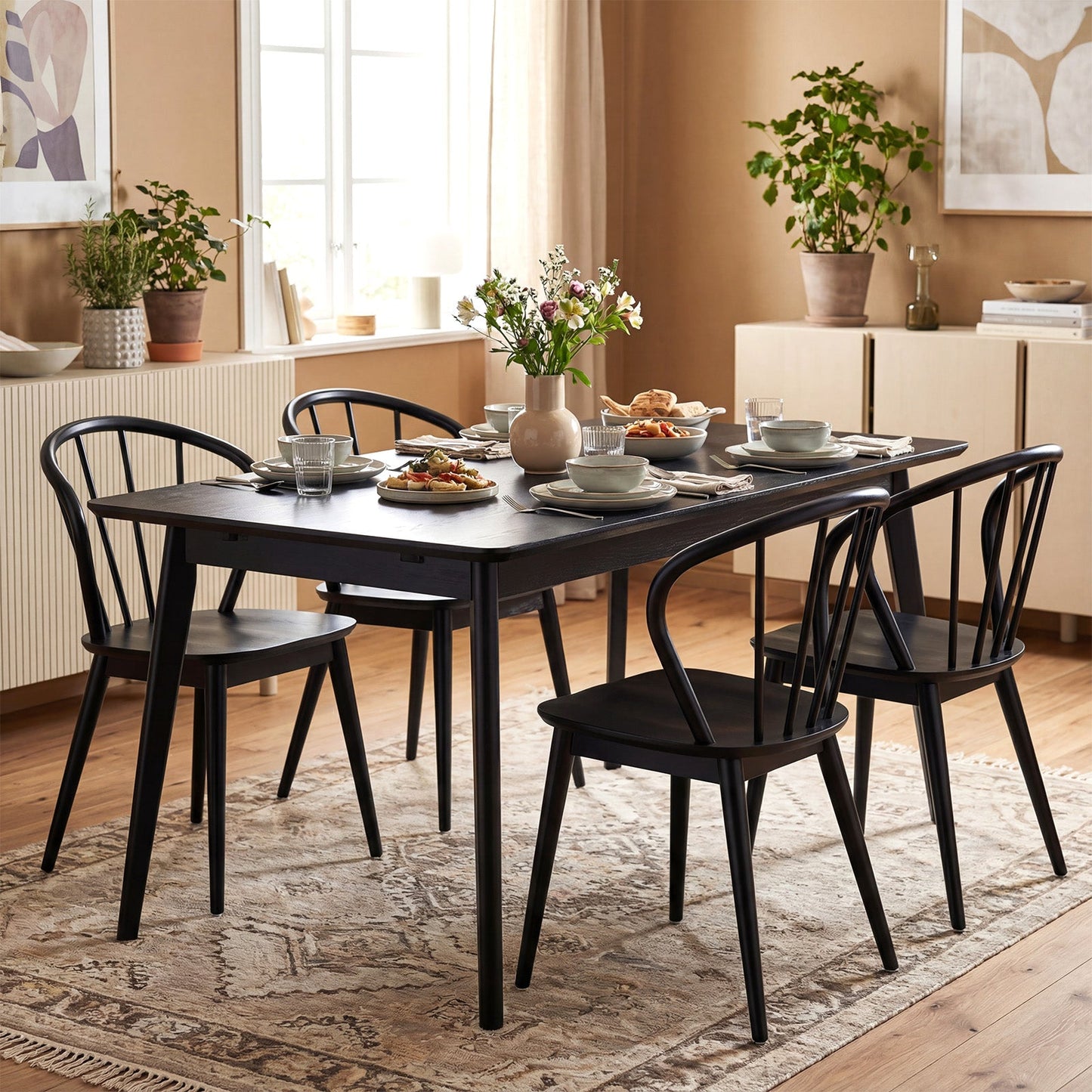 Wooden Dining Chair Set of 2 with High Spindle Back and Wide Seat
