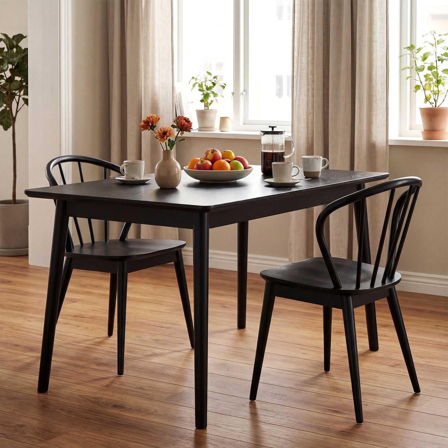 Wooden Dining Chair Set of 2 with High Spindle Back and Wide Seat