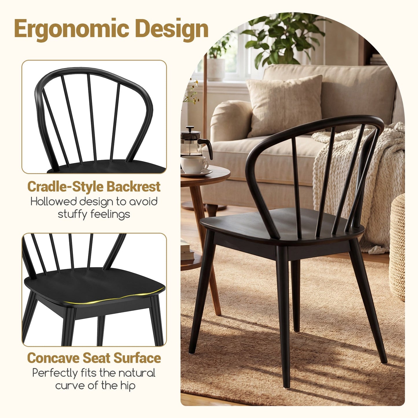 Wooden Dining Chair Set of 2 with High Spindle Back and Wide Seat