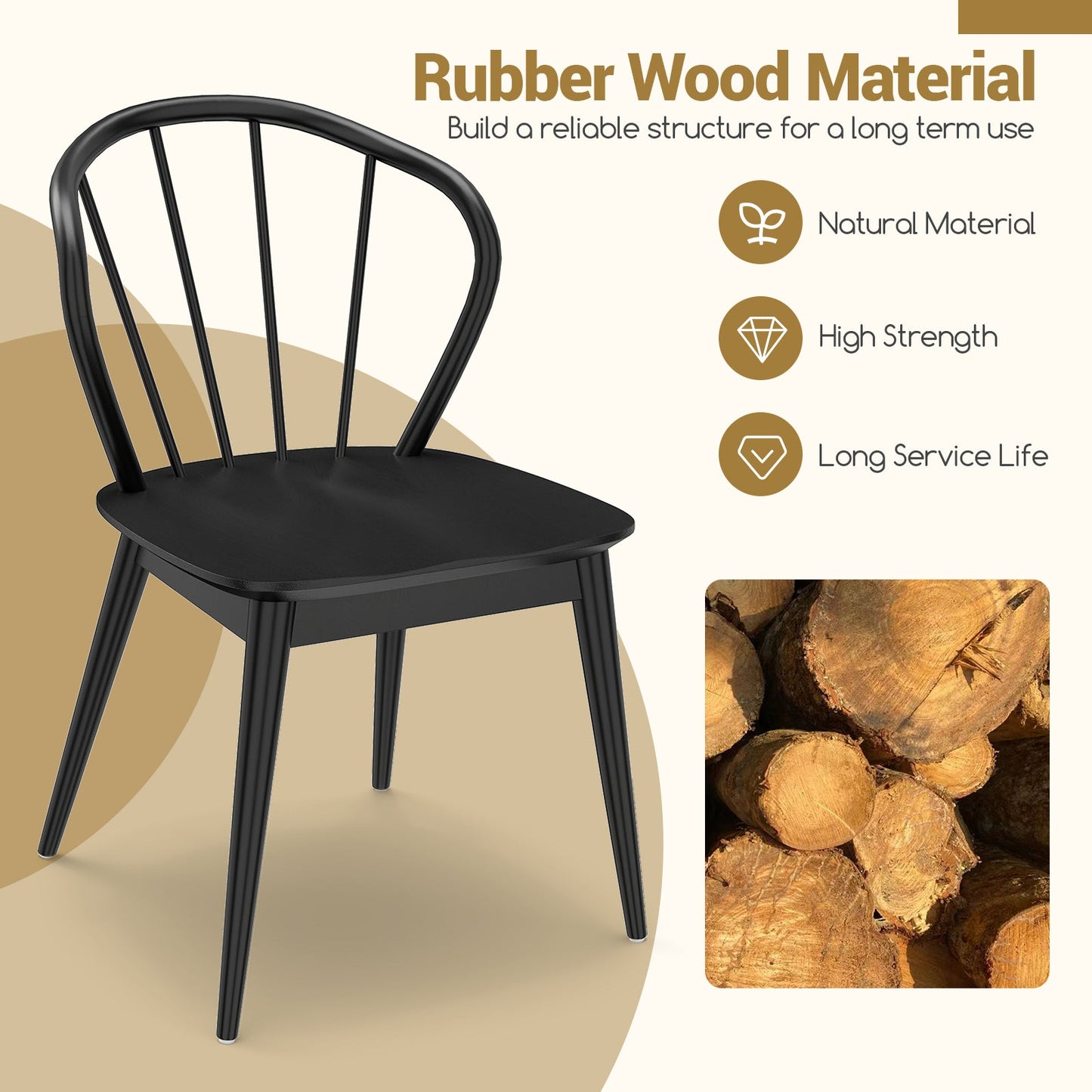 Wooden Dining Chair Set of 2 with High Spindle Back and Wide Seat
