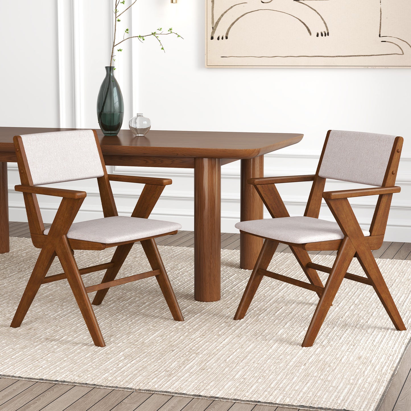 Dining Chairs with Armrests Set of 2 - Walnut Rubber Wood