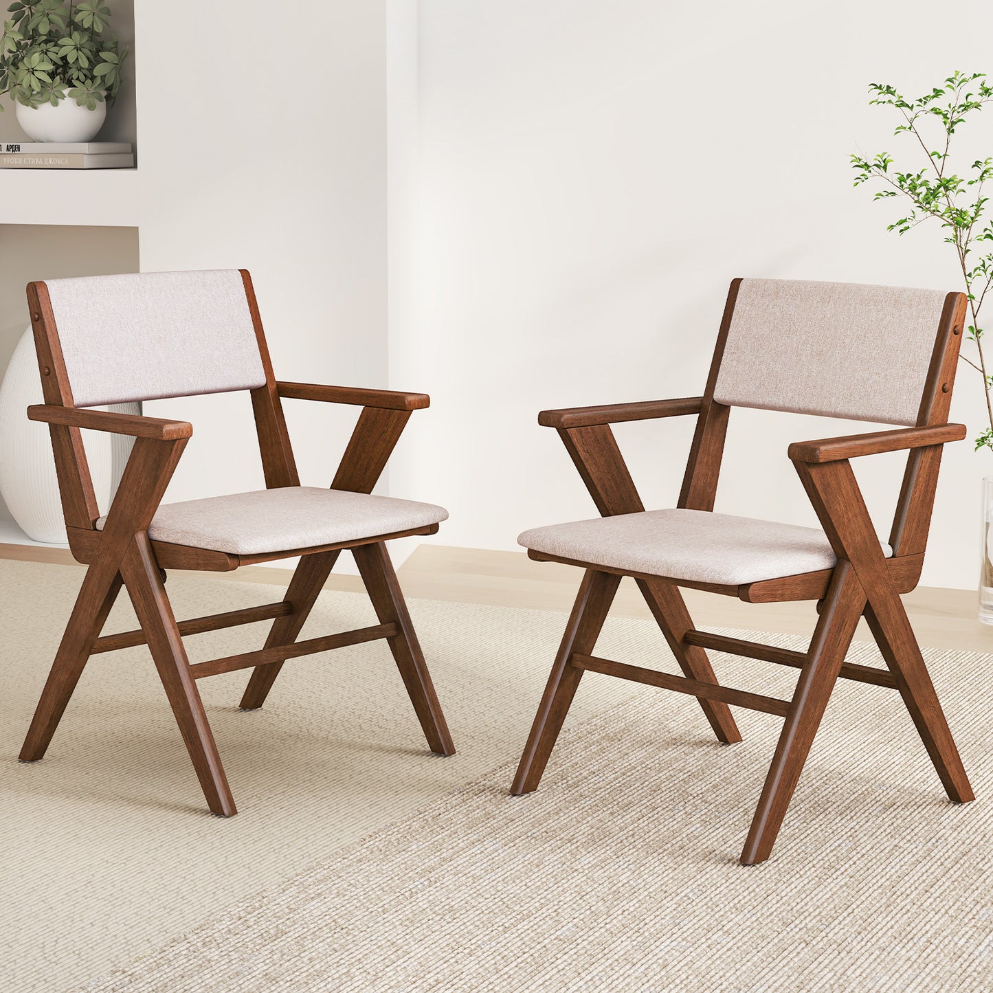 Dining Chairs with Armrests Set of 2 - Walnut Rubber Wood