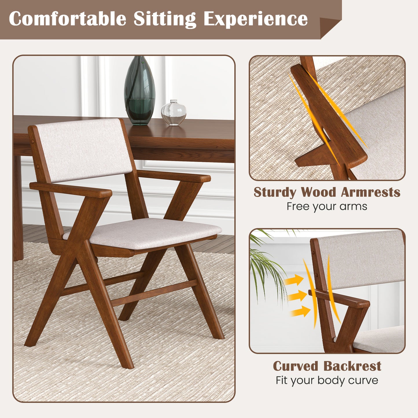 Dining Chairs with Armrests Set of 2 - Walnut Rubber Wood