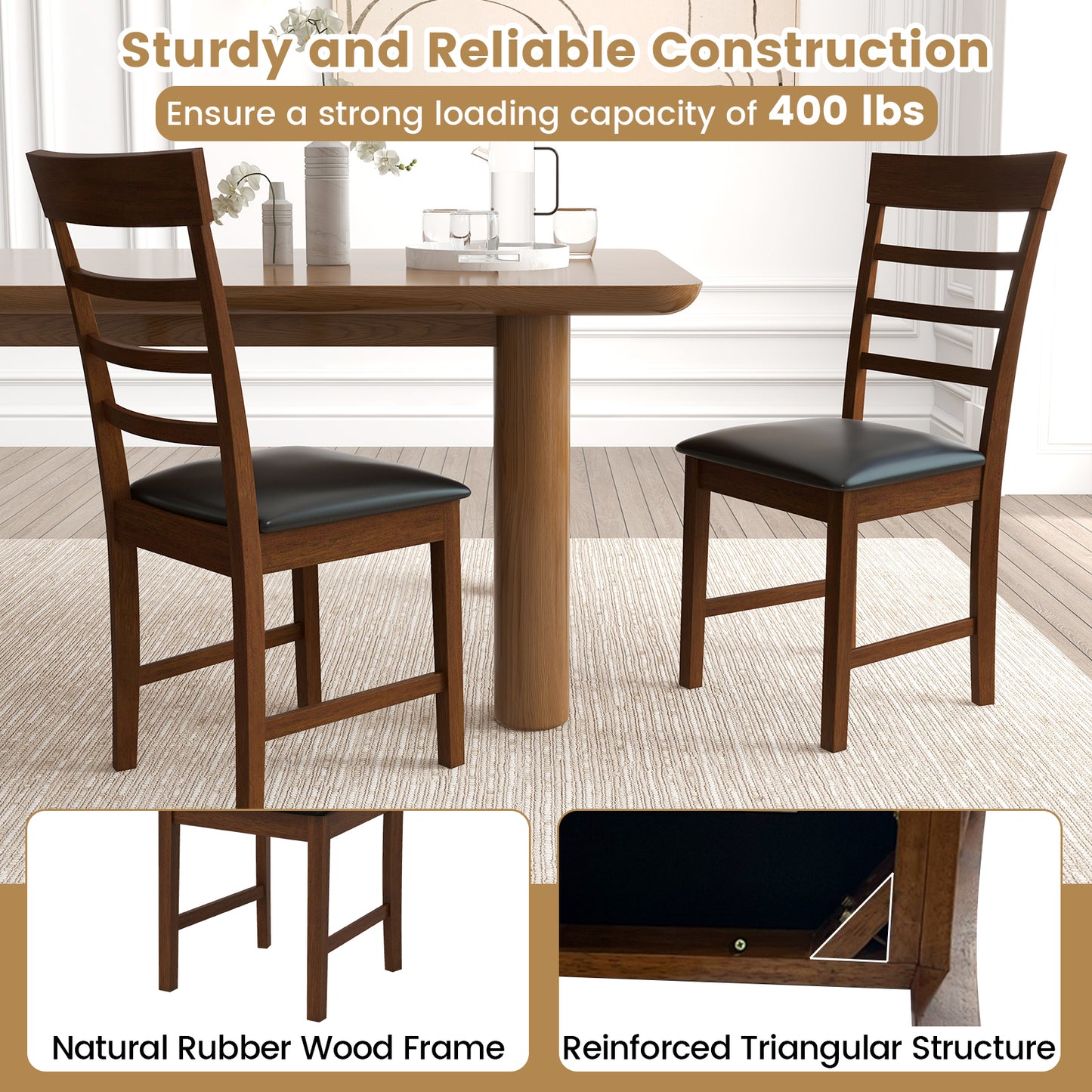 Rubber Wood Dining Chairs Set of 2 with Padded Seats