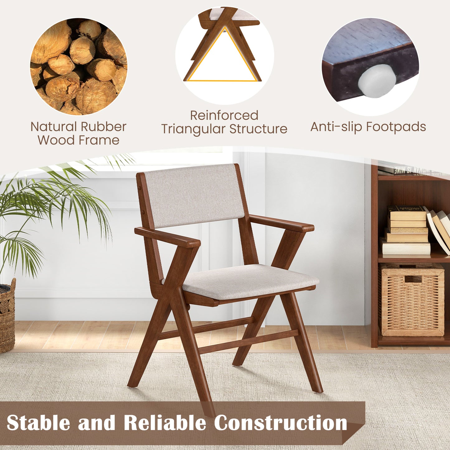Dining Chairs with Armrests Set of 2 - Walnut Rubber Wood