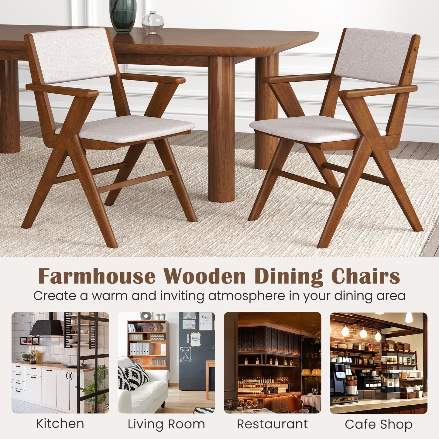 Dining Chairs with Armrests Set of 2 - Walnut Rubber Wood
