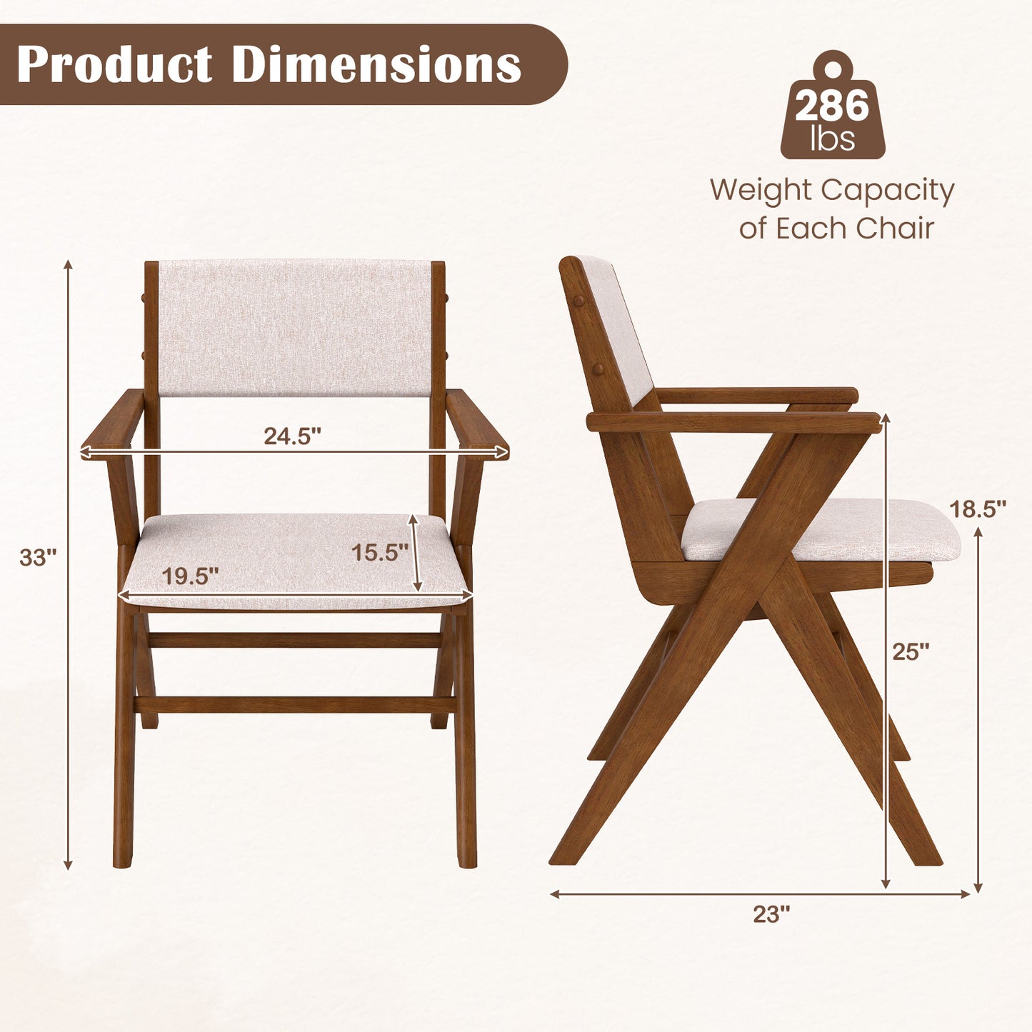 Dining Chairs with Armrests Set of 2 - Walnut Rubber Wood