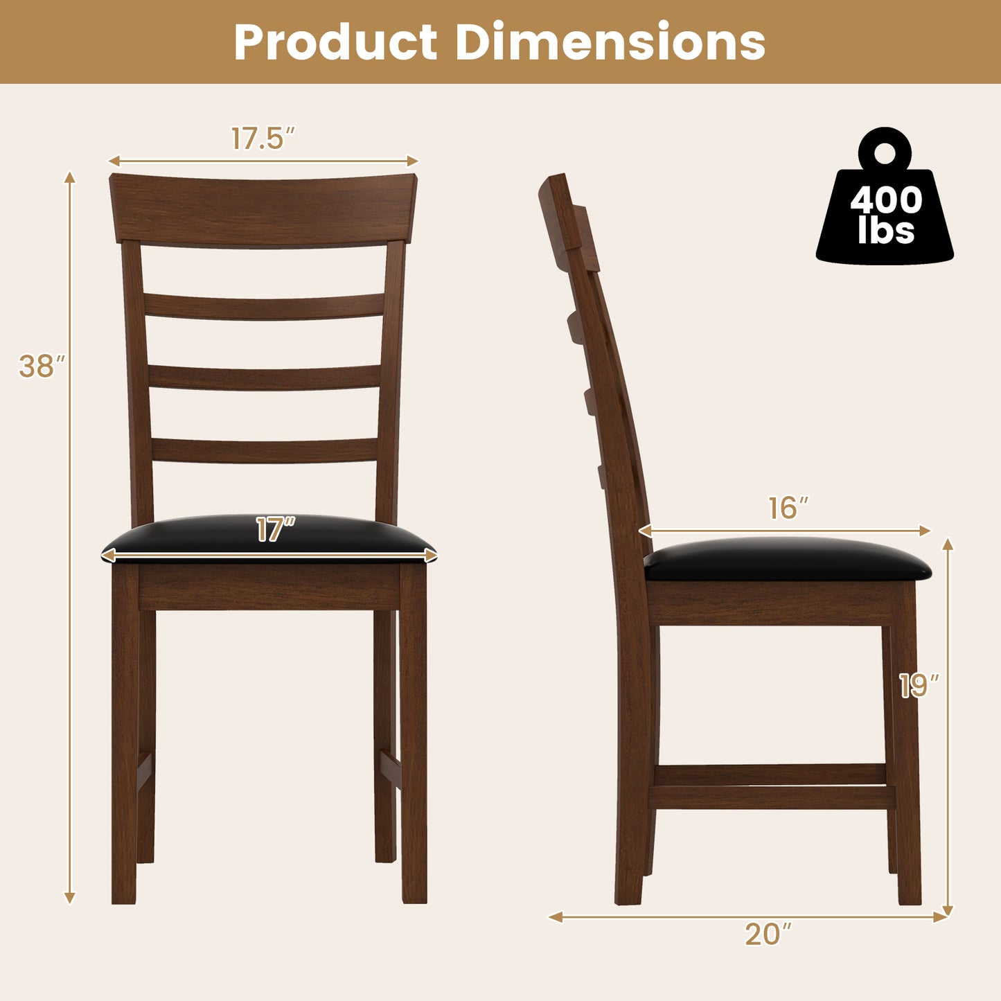 Rubber Wood Dining Chairs Set of 2 with Padded Seats