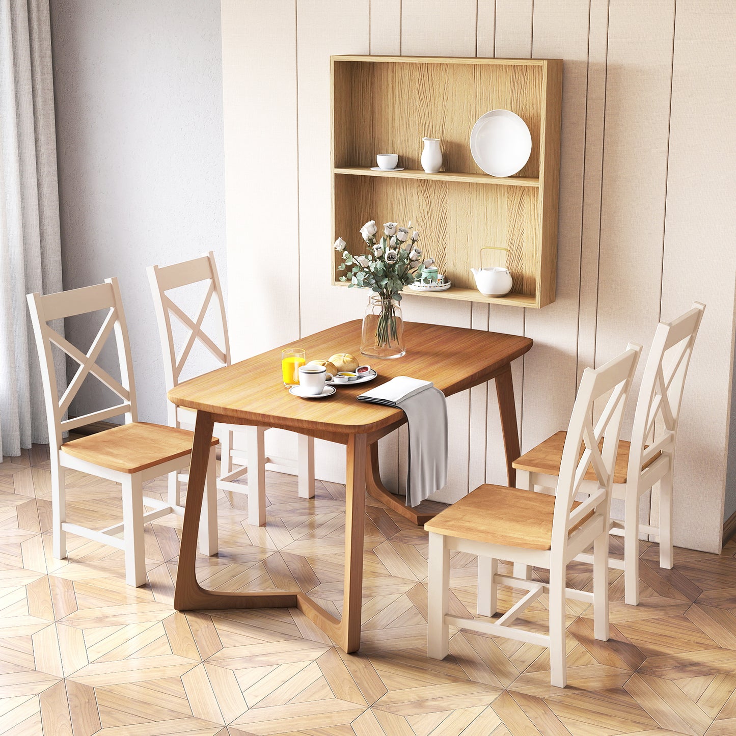 Wooden Dining Chairs Set of 2 with High Back and Rubber Wood Frame