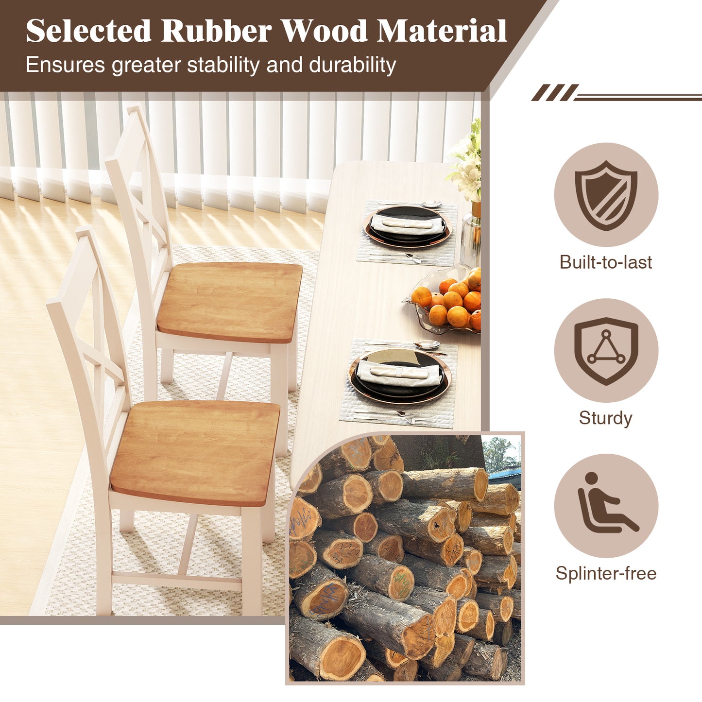 Wooden Dining Chairs Set of 2 with High Back and Rubber Wood Frame