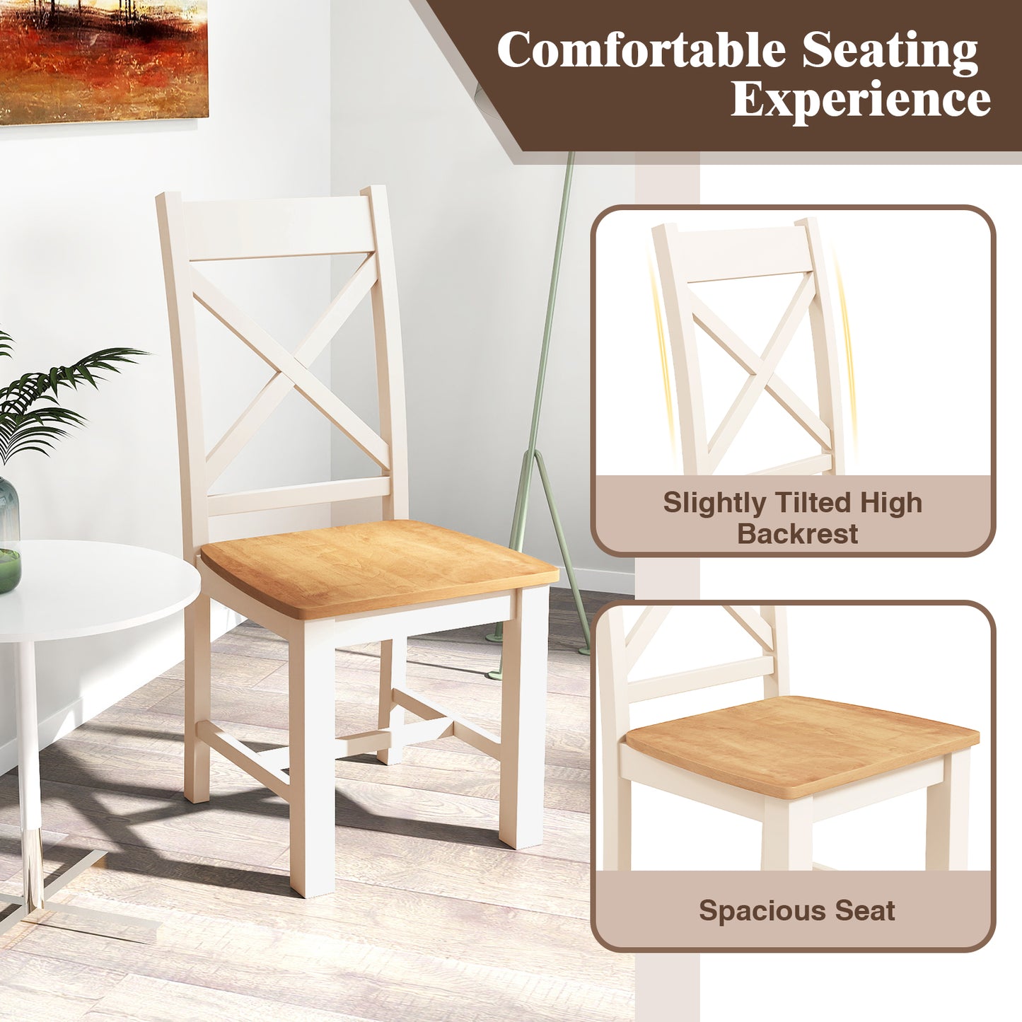 Wooden Dining Chairs Set of 2 with High Back and Rubber Wood Frame