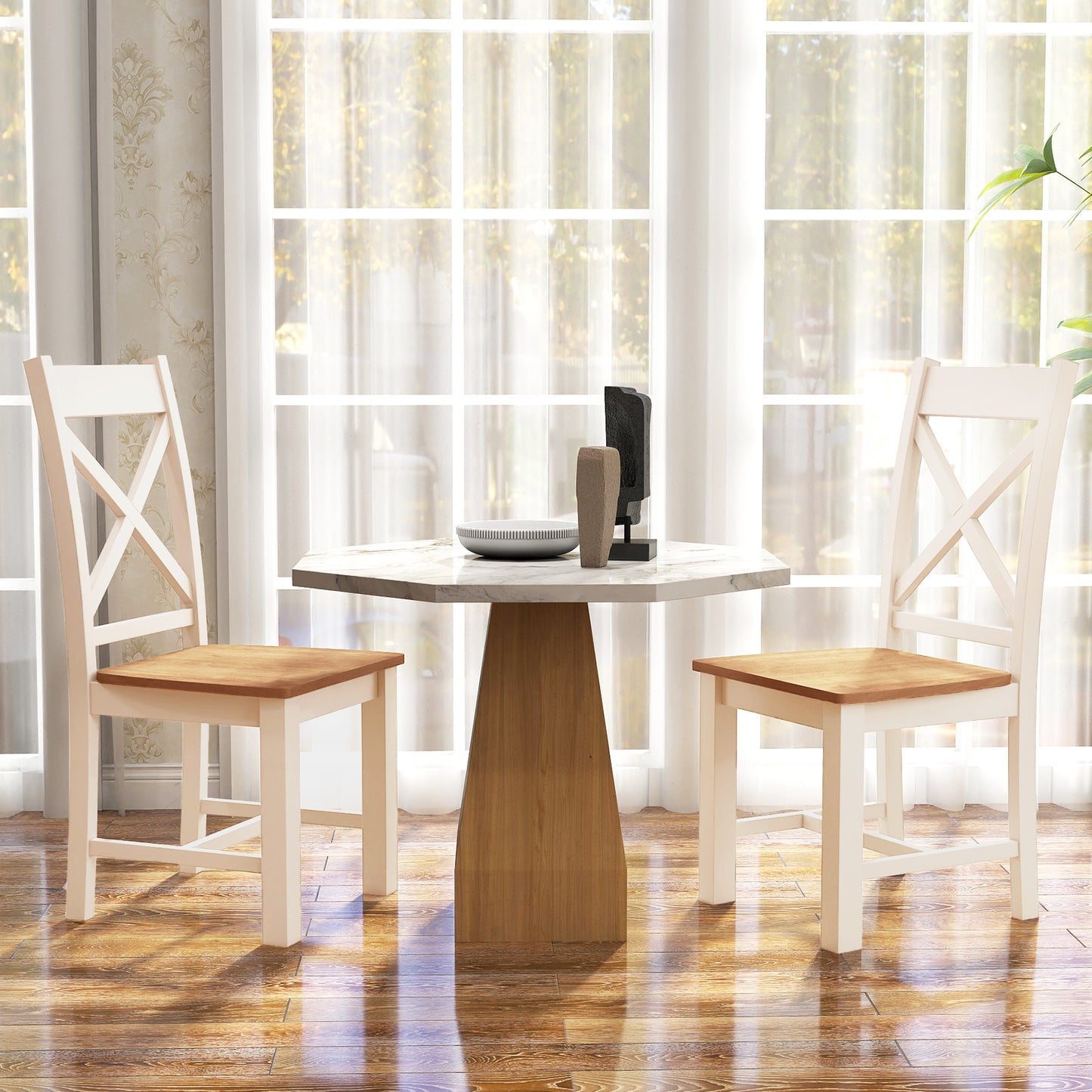 Wooden Dining Chairs Set of 2 with High Back and Rubber Wood Frame