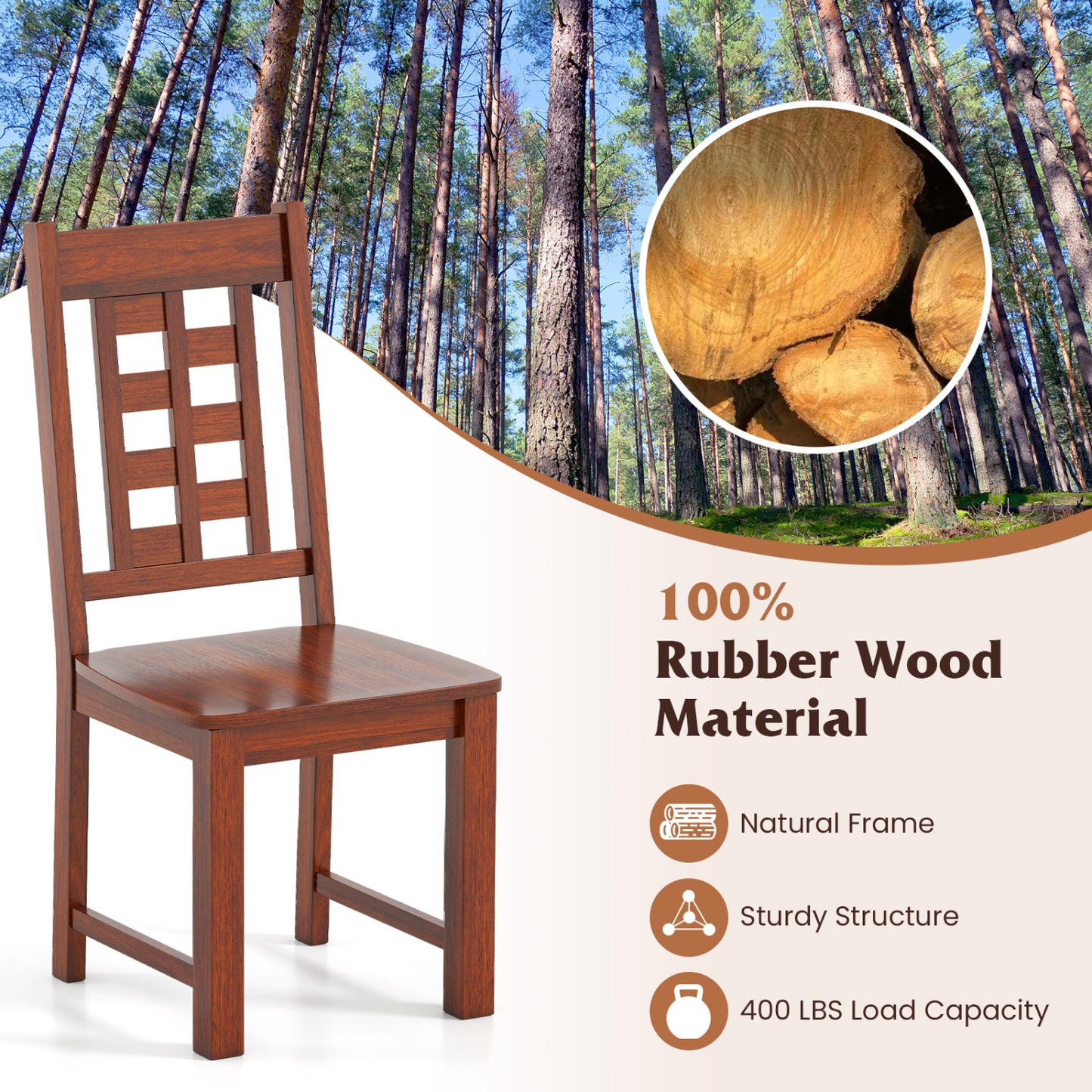 Solid Rubber Wood Dining Chairs Set of 2 - Walnut