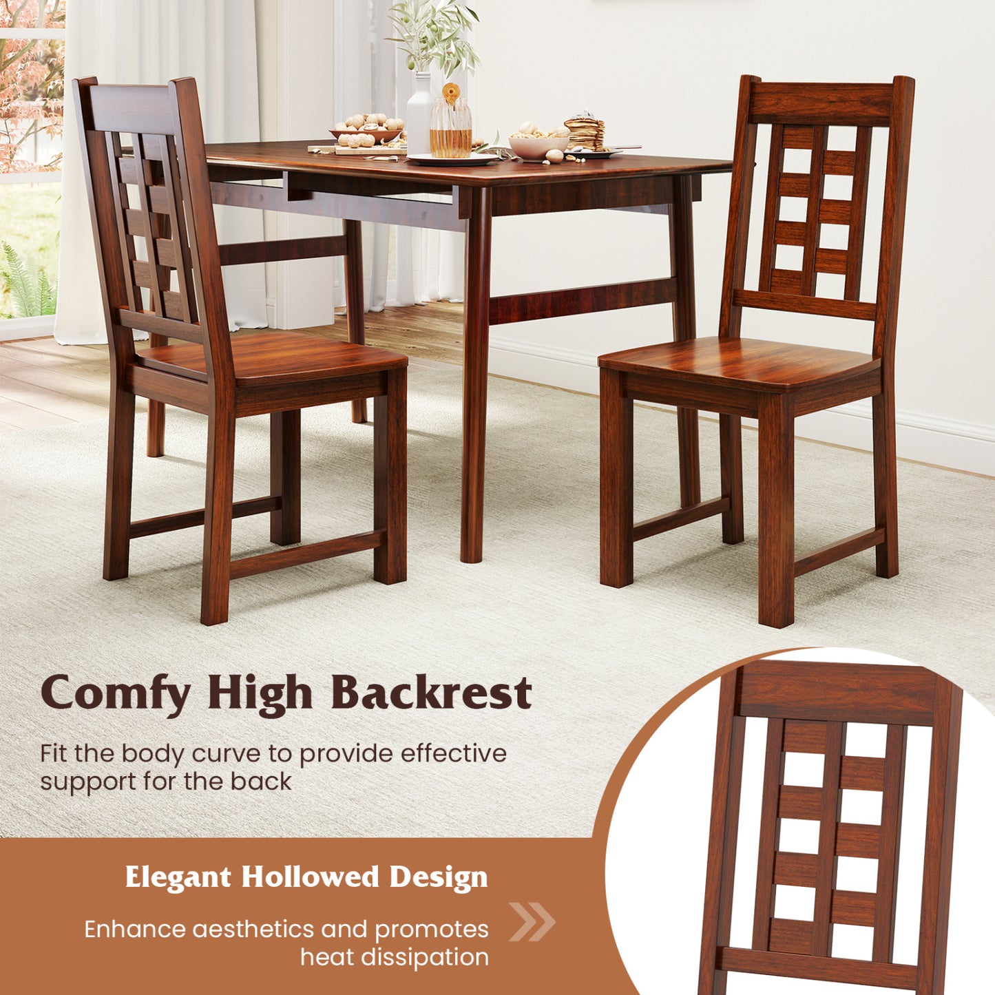 Solid Rubber Wood Dining Chairs Set of 2 - Walnut