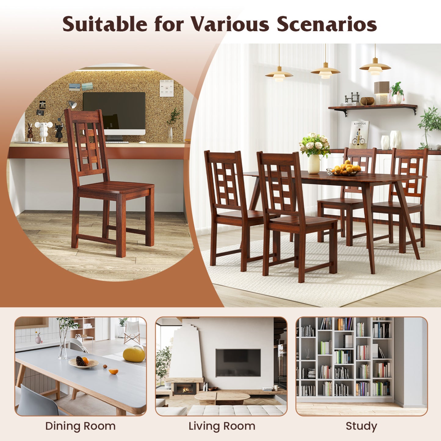 Solid Rubber Wood Dining Chairs Set of 2 - Walnut