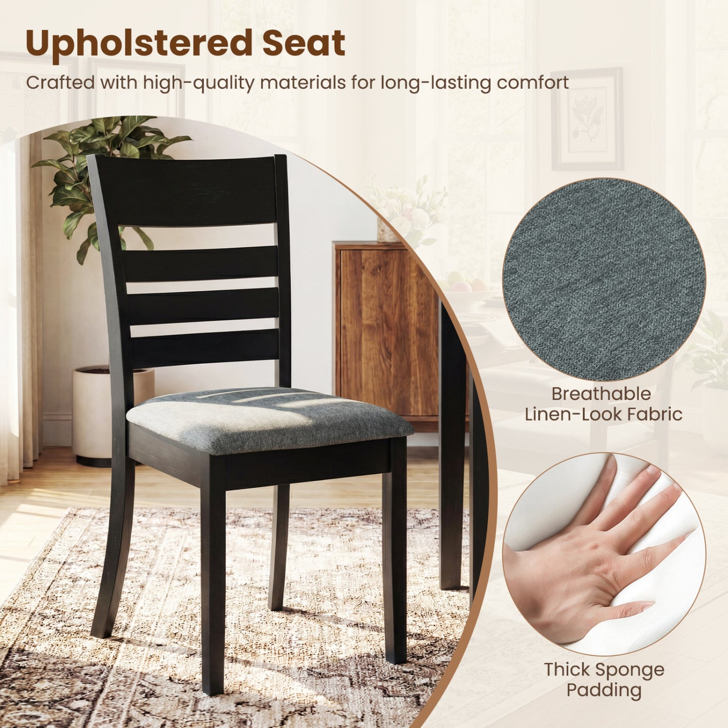 Upholstered Dining Chairs Set of 2 with Rubber Wood Frame