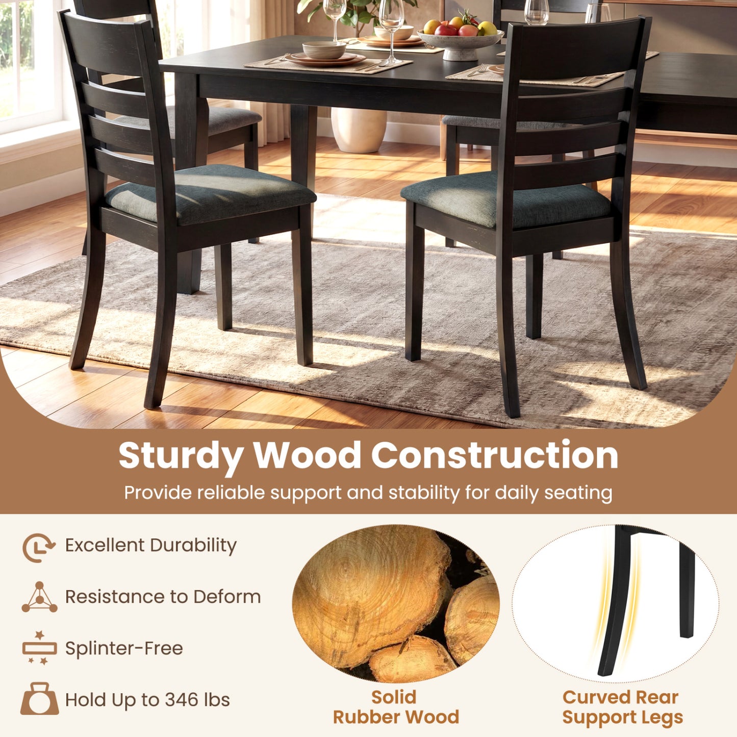 Upholstered Dining Chairs Set of 2 with Rubber Wood Frame