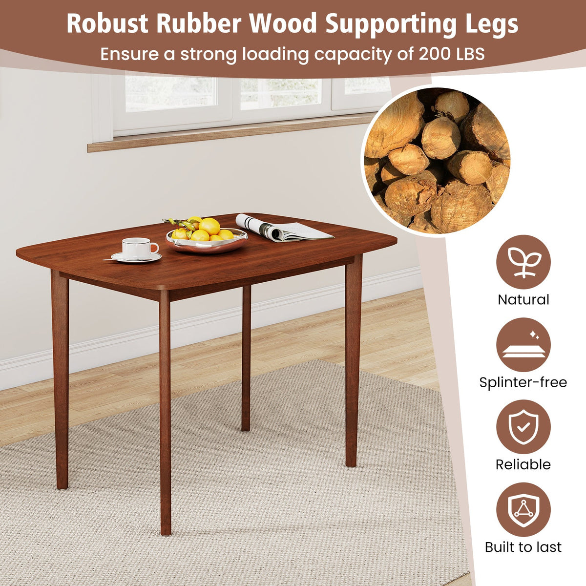 Wooden Dining Table for 2-4 People Kitchen Table with Rubber Wood Legs-Walnut