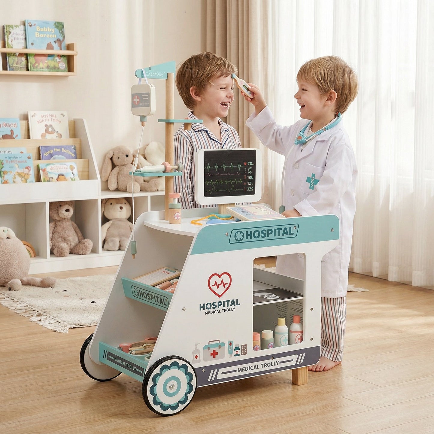 Wooden Doctor Playset for Kids Pretend Play Doctor Kit with Cart Gift for Toddlers Boys Girls Aged 3+