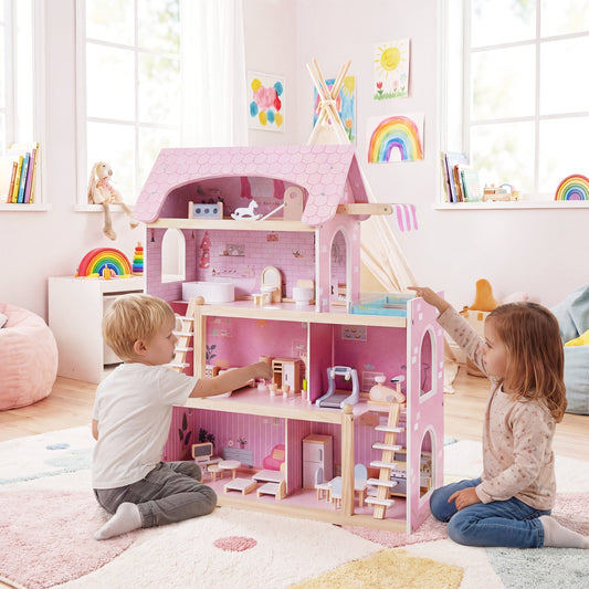 Wooden Dollhouse with 33 Furniture Pieces - 3 Story Playhouse