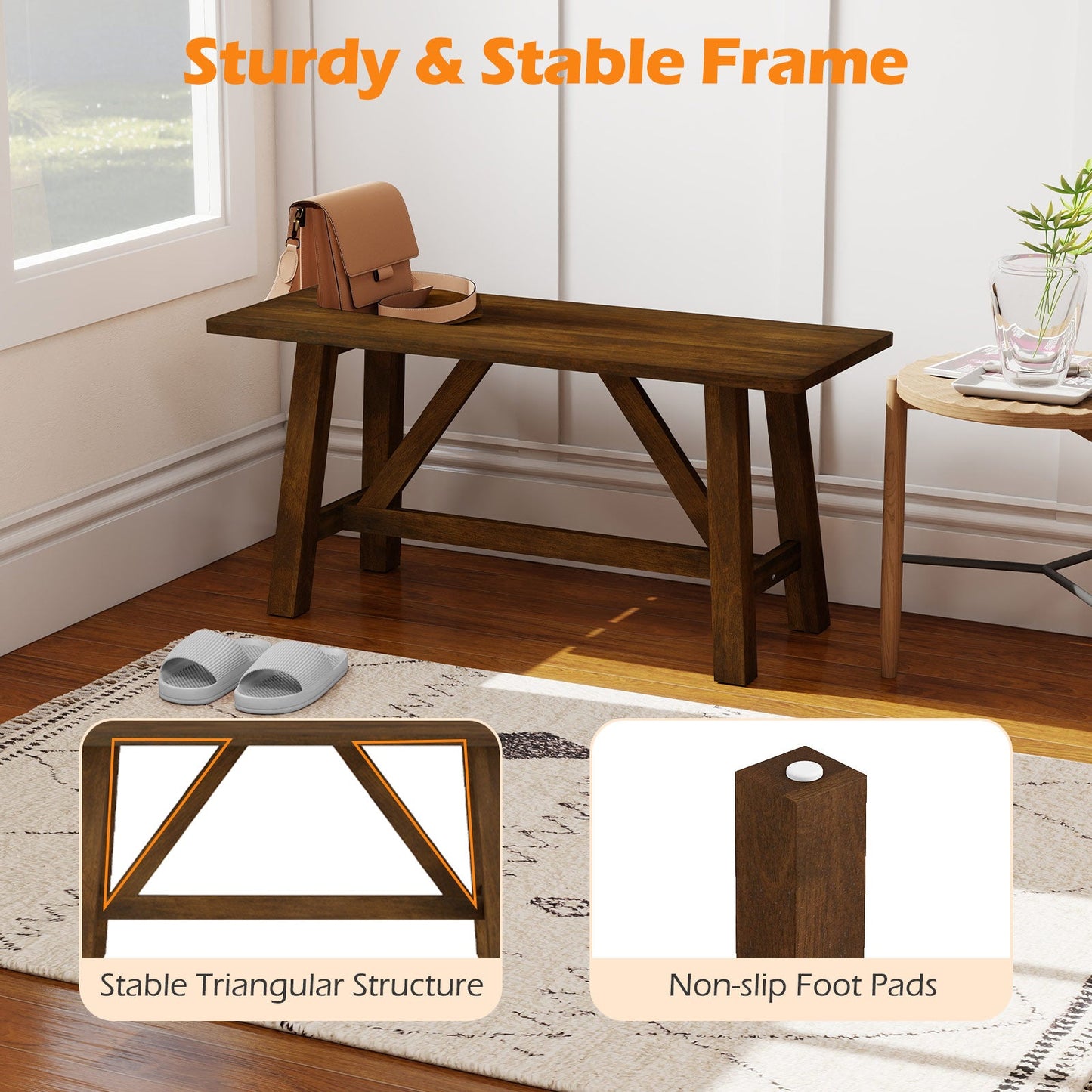 Wooden Entryway Bench Farmhouse Dining Bench with 400 LBS Weight Capacity-Brown
