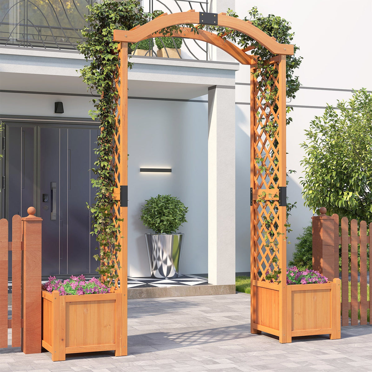 Wooden Garden Arbor with Planter and Trellis for Climbing Plants Decorations
