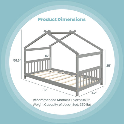 Twin Size Wooden House Bed with Roof