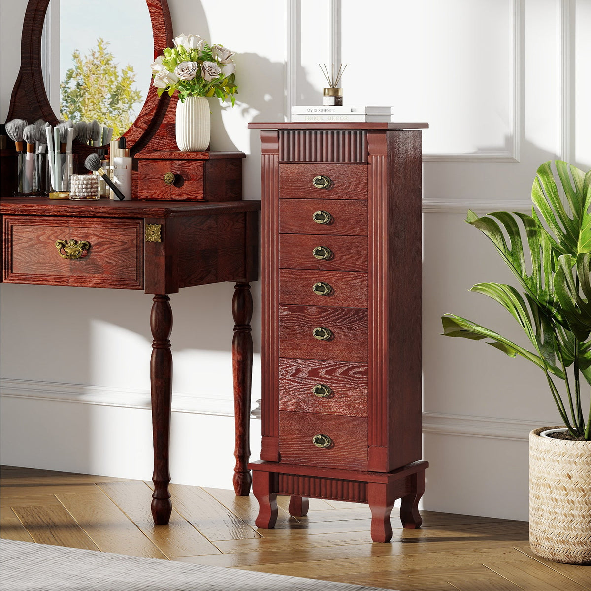 Wooden Jewelry Armoire Cabinet Storage Chest with Drawers and Swing Doors