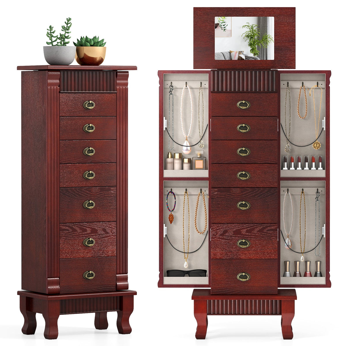 Wooden Jewelry Armoire Cabinet Storage Chest with Drawers and Swing Doors