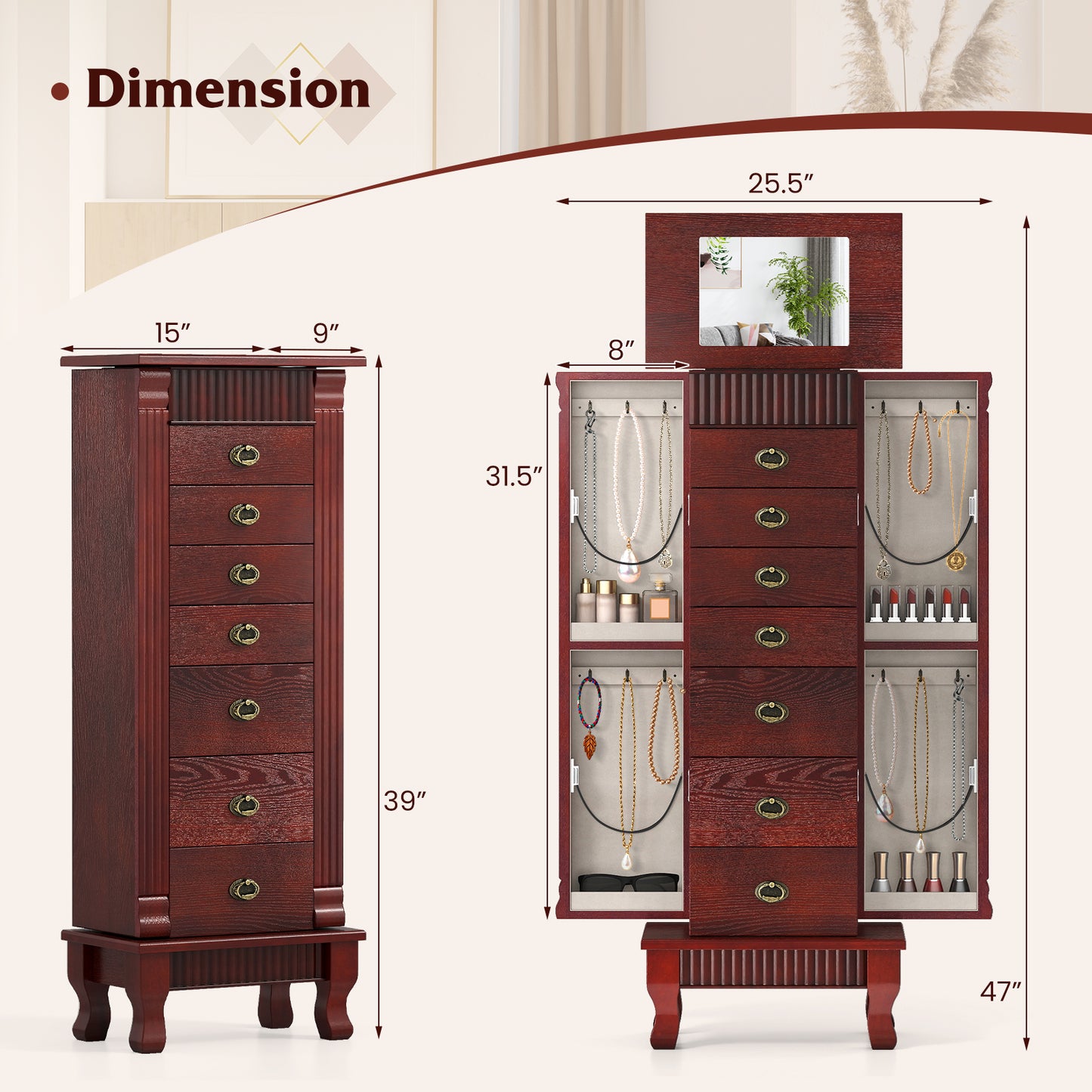 Jewelry Armoire Cabinet with Mirror and 7 Drawers