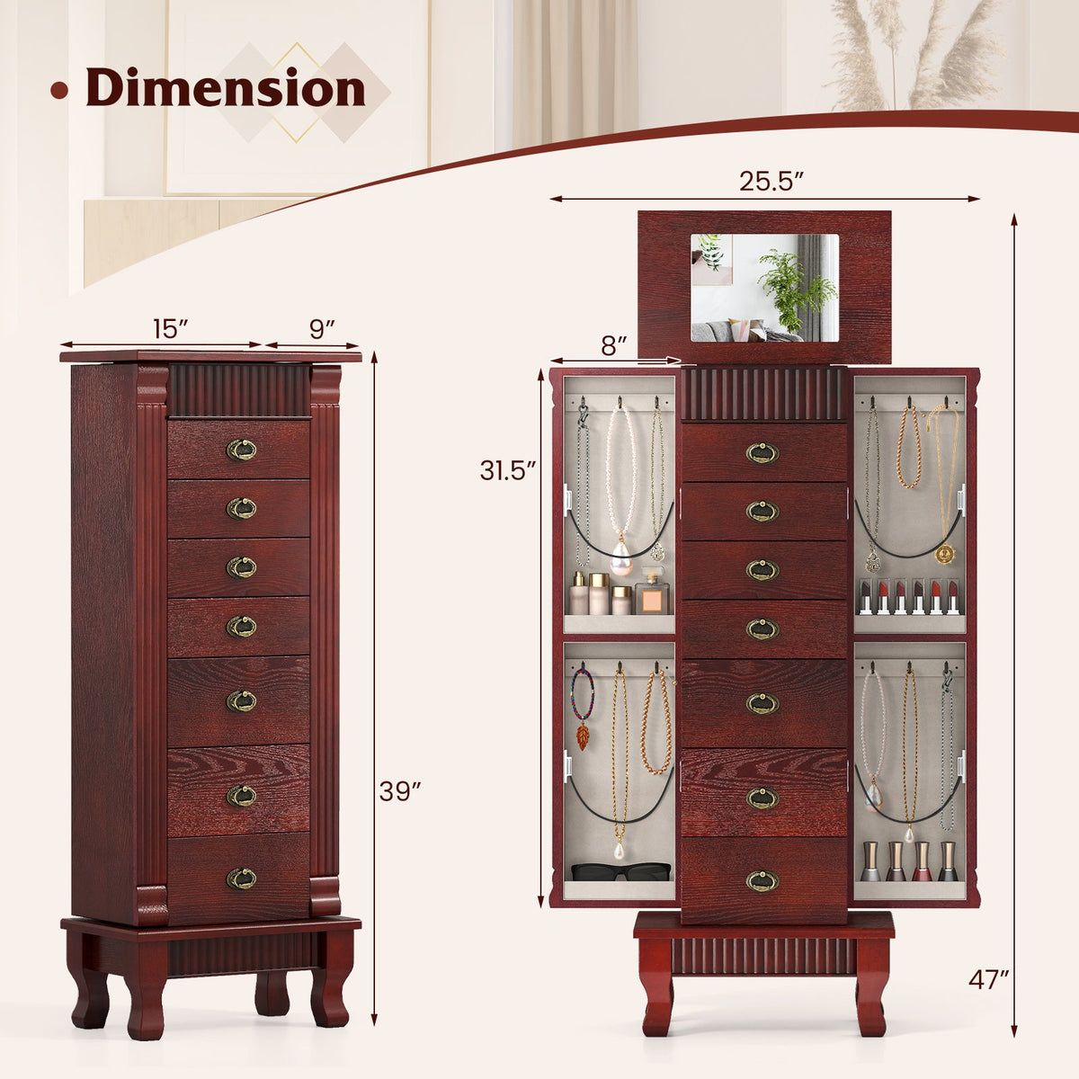 Wooden Jewelry Armoire Cabinet Storage Chest with Drawers and Swing Doors
