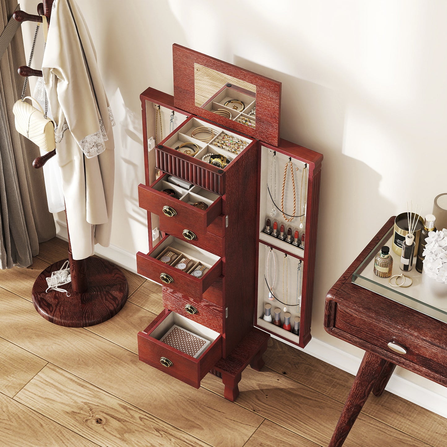 Jewelry Armoire Cabinet with Mirror and 7 Drawers