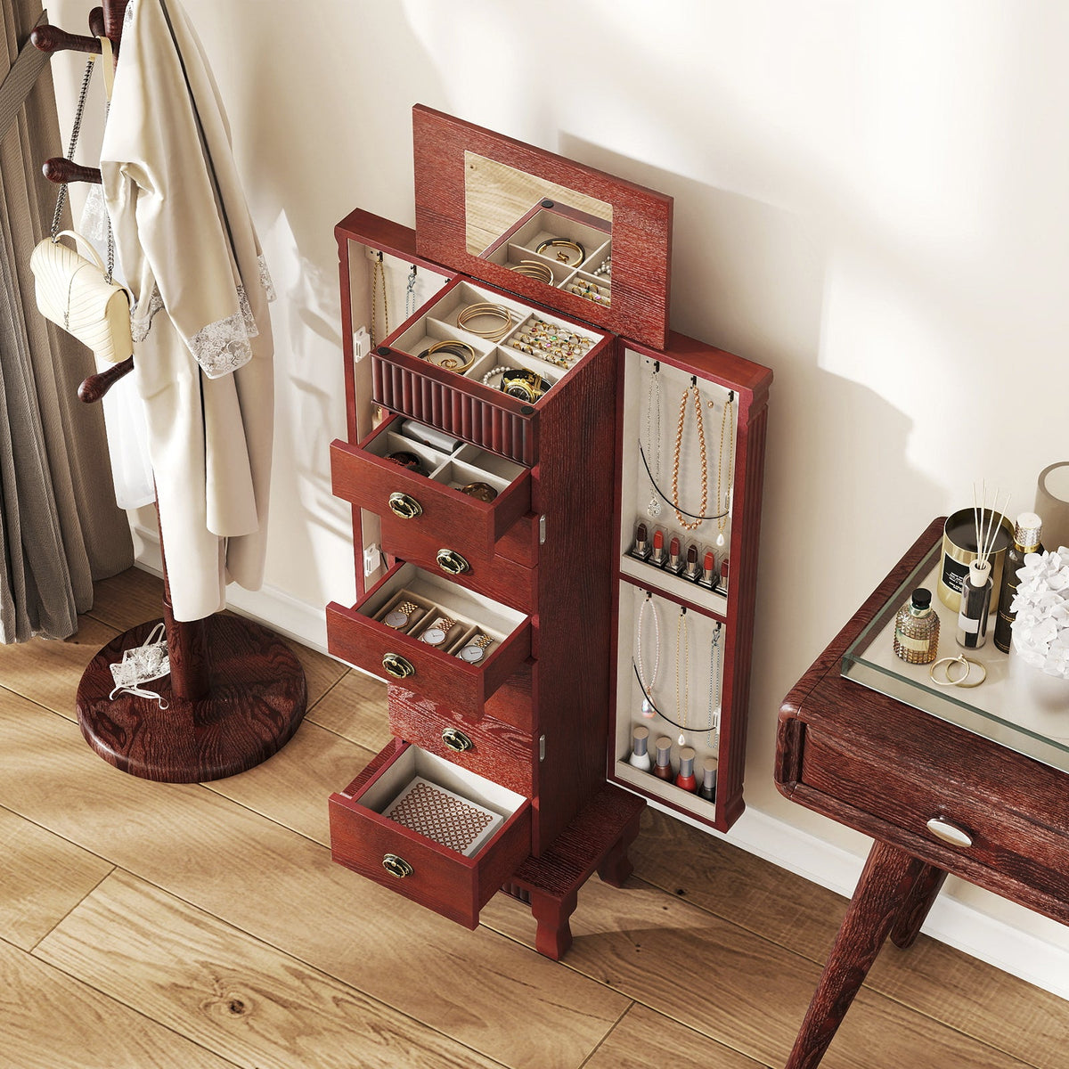 Wooden Jewelry Armoire Cabinet Storage Chest with Drawers and Swing Doors