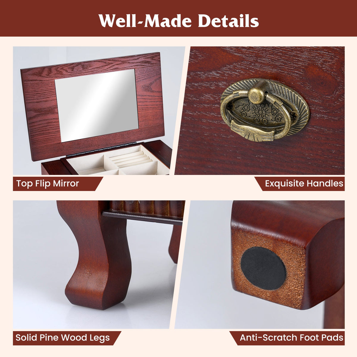 Wooden Jewelry Armoire Cabinet Storage Chest with Drawers and Swing Doors
