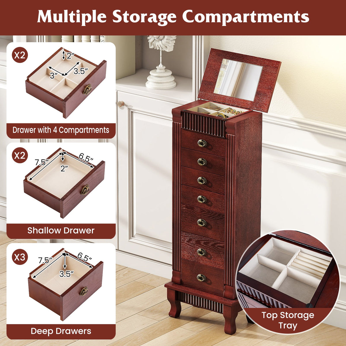 Wooden Jewelry Armoire Cabinet Storage Chest with Drawers and Swing Doors