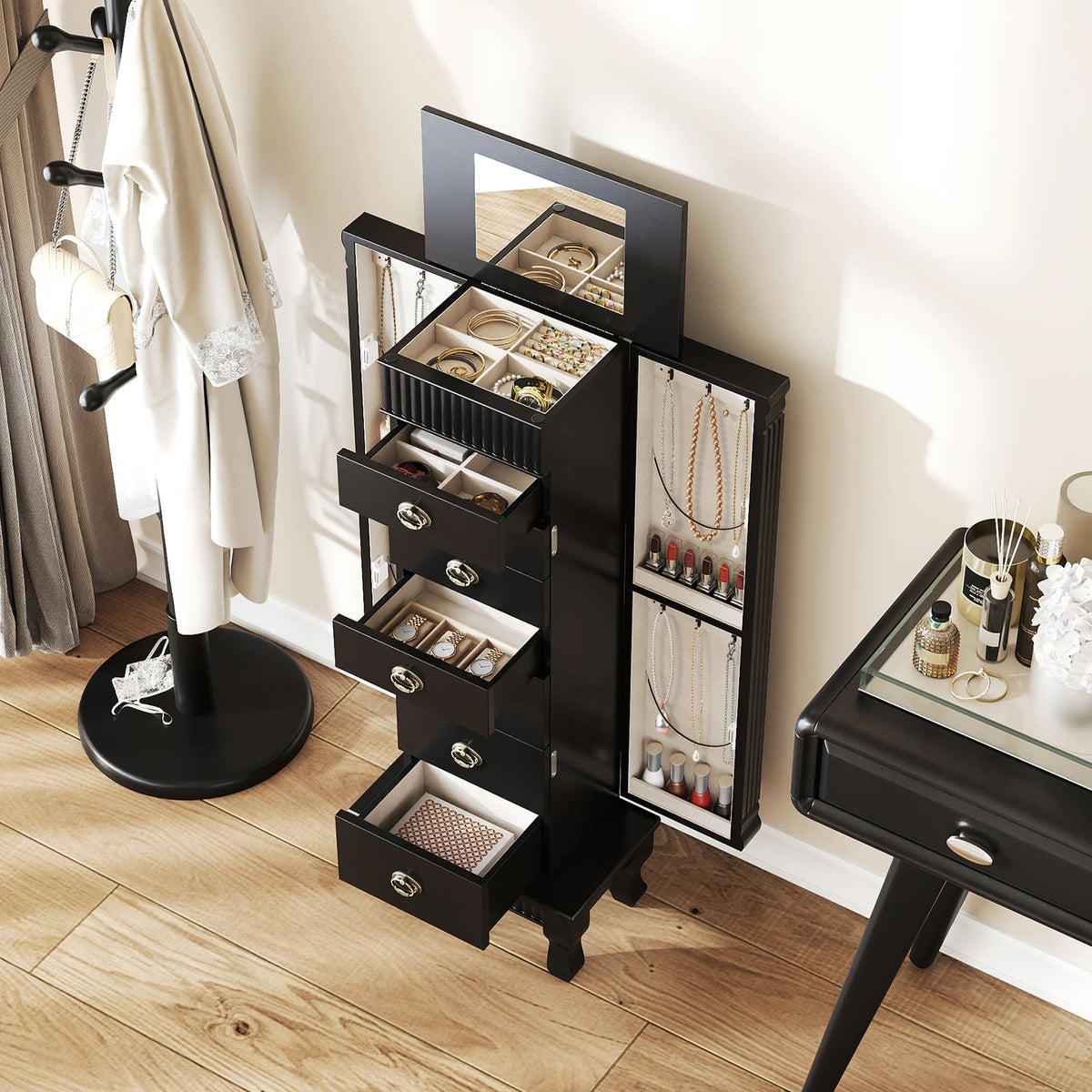 Wooden Jewelry Armoire Cabinet Storage Chest with Drawers and Swing Doors