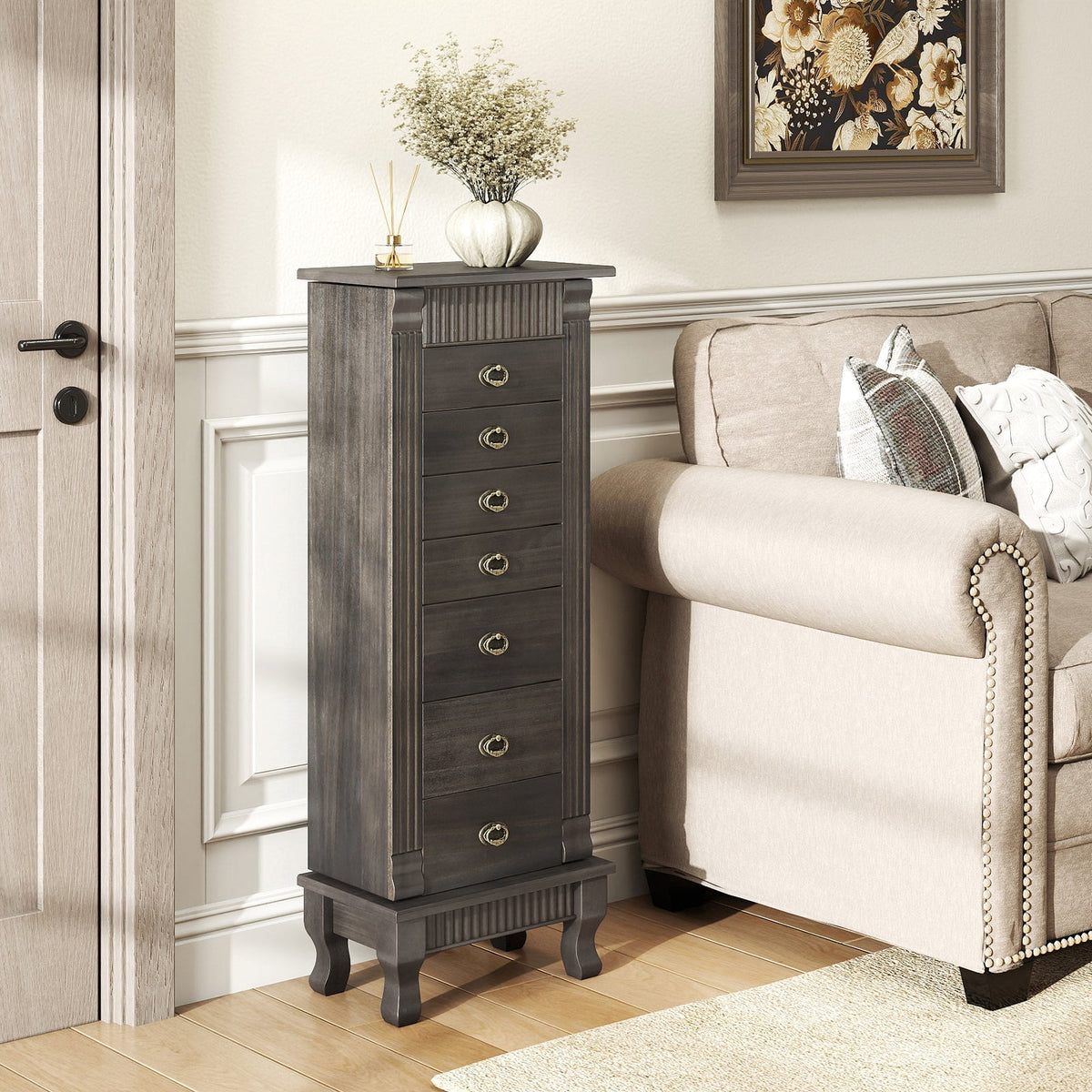 Wooden Jewelry Armoire Cabinet Storage Chest with Drawers and Swing Doors