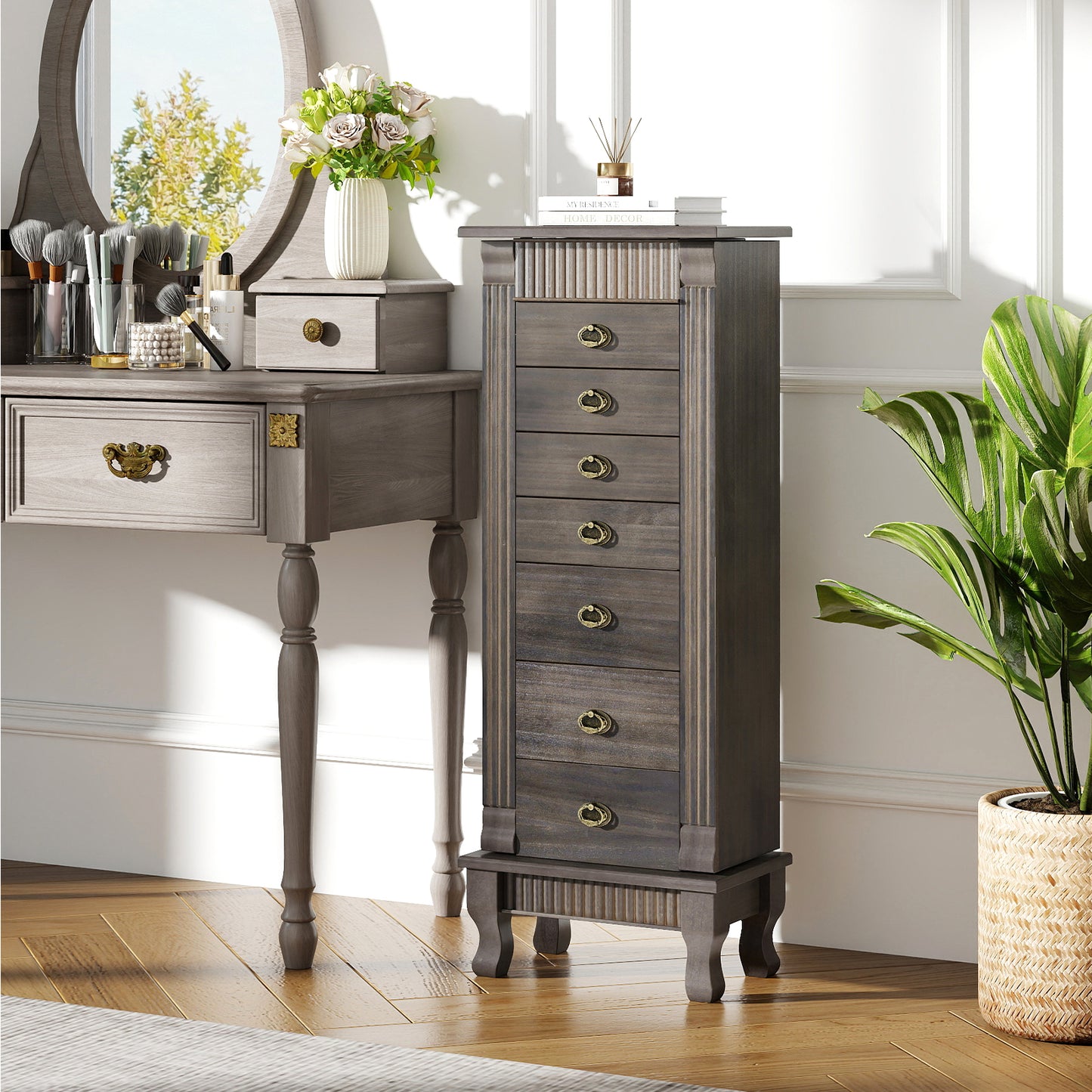 Jewelry Armoire Cabinet with Mirror and 7 Drawers