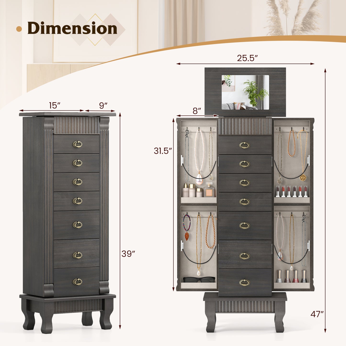 Jewelry Armoire Cabinet with Mirror and 7 Drawers