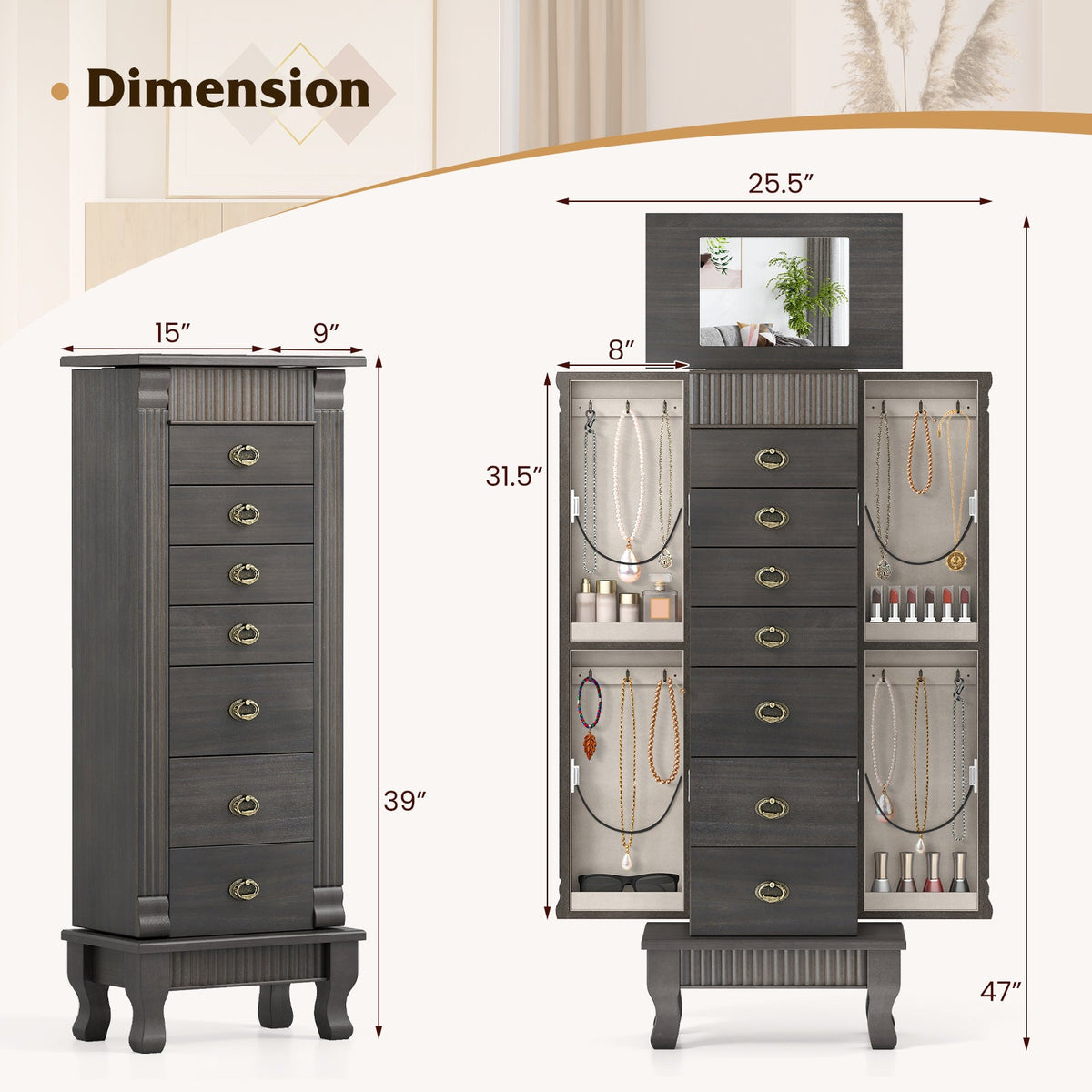Wooden Jewelry Armoire Cabinet Storage Chest with Drawers and Swing Doors