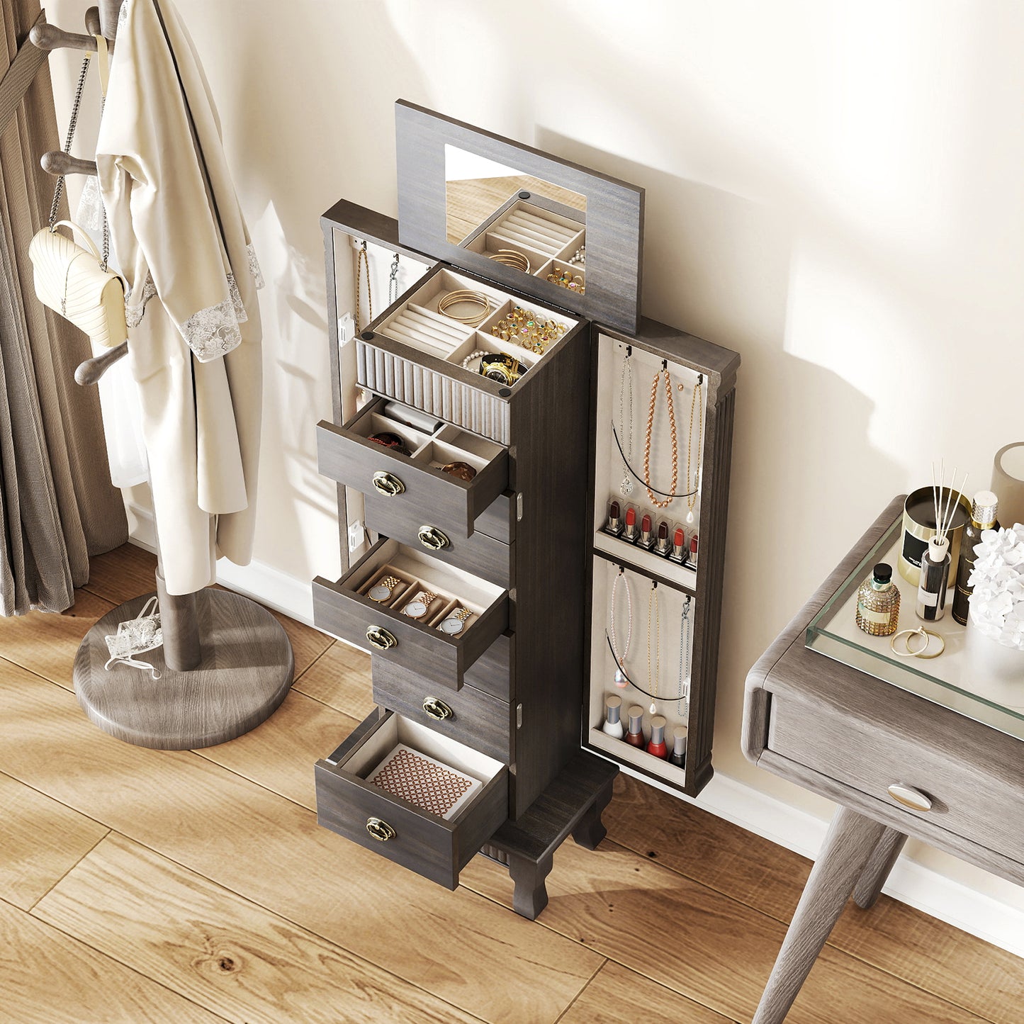 Jewelry Armoire Cabinet with Mirror and 7 Drawers